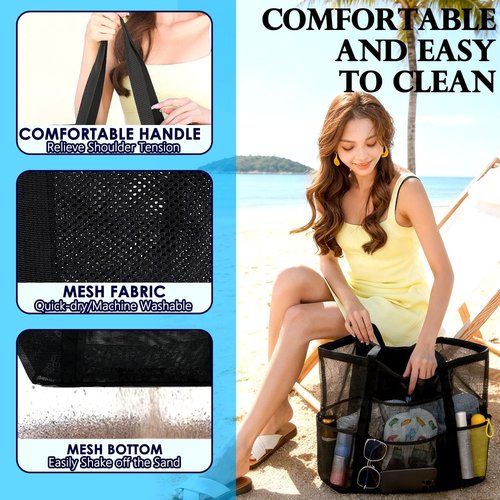 Fammart Mesh Beach Bag - Large Beach Tote with Zipper Pocket for Family Travel & Vacation Essentials