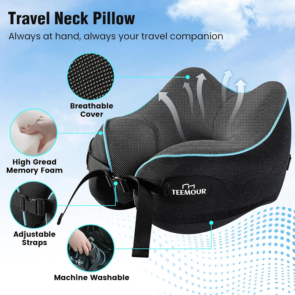 Teemour Neck Pillow for Traveling, Travel Neck Pillow for Airplane Travel Essentials Memory Foam Travel Pillow for Flight with 360° Support Portable, Design for Airplane, Car & Office