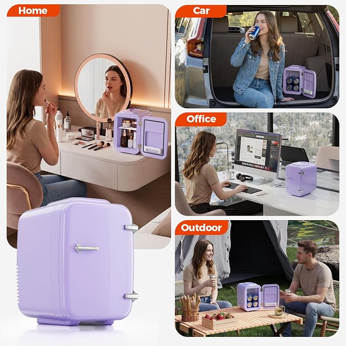 OSTBA Mini Fridge, 4 Liter/6 Can Mini Makeup Fridge, 110V AC/ 12V DC Portable Thermoelectric Cooler&Warmer for Skincare, Drink, Cosmetic, Medicine, Small fridge for Bedroom, Office, Dorm, Car, Purple