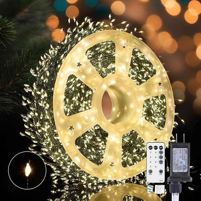 Fairy Lights Plug in, Dailyart 2000 Led Twinkle String Light with Remote 130Ft Waterproof 8 Modes Warm Cluster Lights with Timer for Bedroom Wreath Window Wedding Christmas Tree Decoration, Green Wire