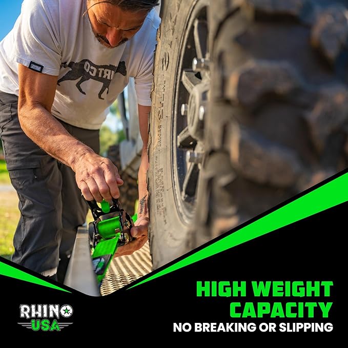 Rhino USA Retractable Ratchet Straps (2-Pack) - 2 Inch x 10 Feet (3,033lb Break Strength) - Heavy Duty Auto Self Retracting Tie Down Straps for Truck, Cargo Trailer, Motorcycle, Rad & More - Green