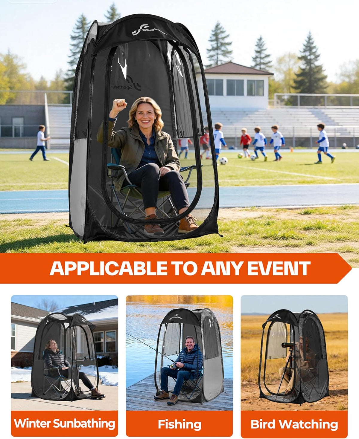 Sportneer Sports Tent - 1-Person Instant Shelter with Ultra Visibility | Lightweight Pop-Up Design for Cold Weather, 37" L x 37" W x 63.5" H