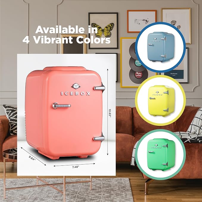 IceBox 4-Liter Mini Fridge Cooler/Warmer, IBMF4BLS, Blush Red | Portable Refrigerator Holds 6 Cans, Compact for Skincare, Beverages and Food, Includes 120V AC and 12V Car Adapters