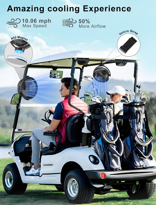 2-Pack Magnetic Golf Cart Fan Rechargeable, 12000mAH Battery Operated Portable Fan with 3 Speeds, LED Lantern, Magnetic Base, Suitable for EZGO Club Car Yamaha, Golf Cart & Cruise Ship Accessories