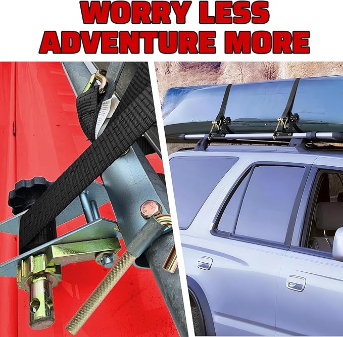 Black Rack Straps with J-Hook (4PK),1.5" x7.5' Ladder Rack Ratchet Straps, 2" Round Tube Mount, Perfect Ladder Rack Tie-Downs for Trailer Cargo Control
