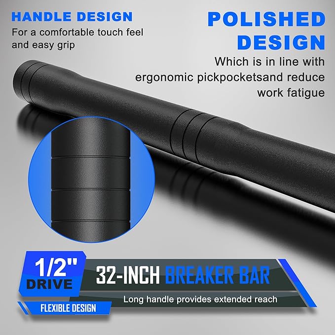 1/2" Drive Breaker Bar, 32" Heavy Duty Extension Breaker Bar, 180° Rotatable Head, Auto Repair, Mechanical Repair