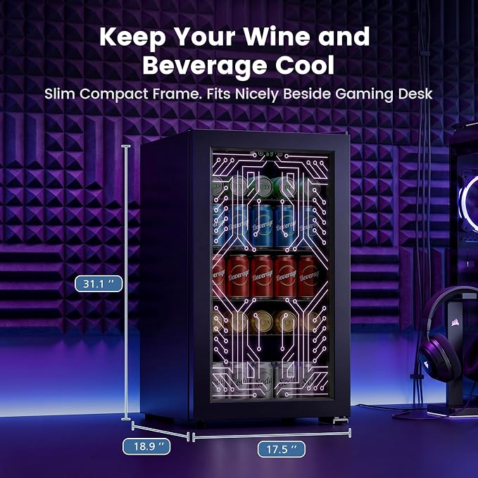 Electactic 3.2 Cu.Ft Gaming Beverage Refrigerator, LED Lighted Glass Door Compact Space-Saving, Adjustable Temperature Wine Cooler for Gaming Room