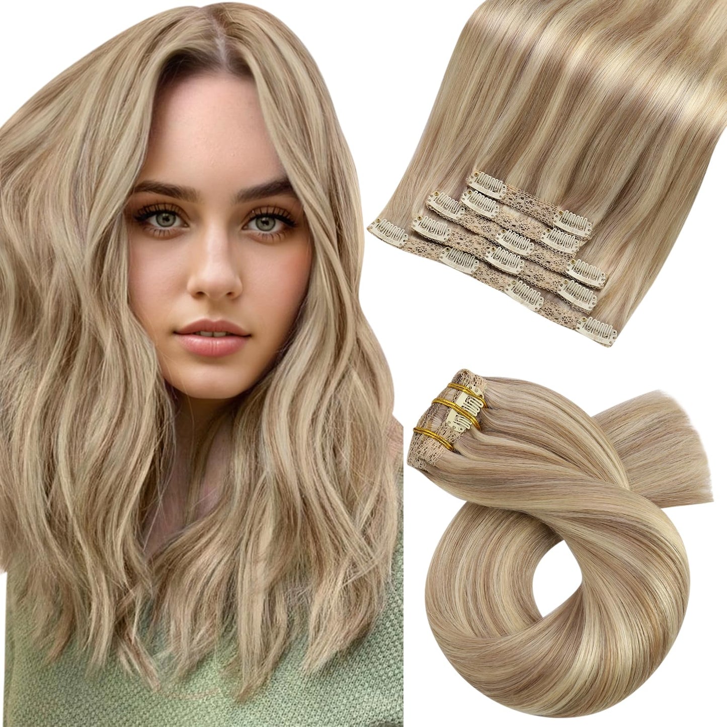 Moresoo Blonde Clip In Hair Extensions 10Inch Double Weft Human Hair Clip In Extensions Dark Ash Blonde Highlighted With Golden