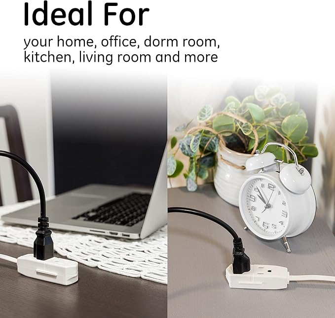 GE 3-Outlet Flat Extension Cord 8 Ft Grounded Extension Cord with Multiple Outlets 3 Prong Outlet Extender Flat Plug Indoor Power Strip 16 Gauge UL Listed White 50251
