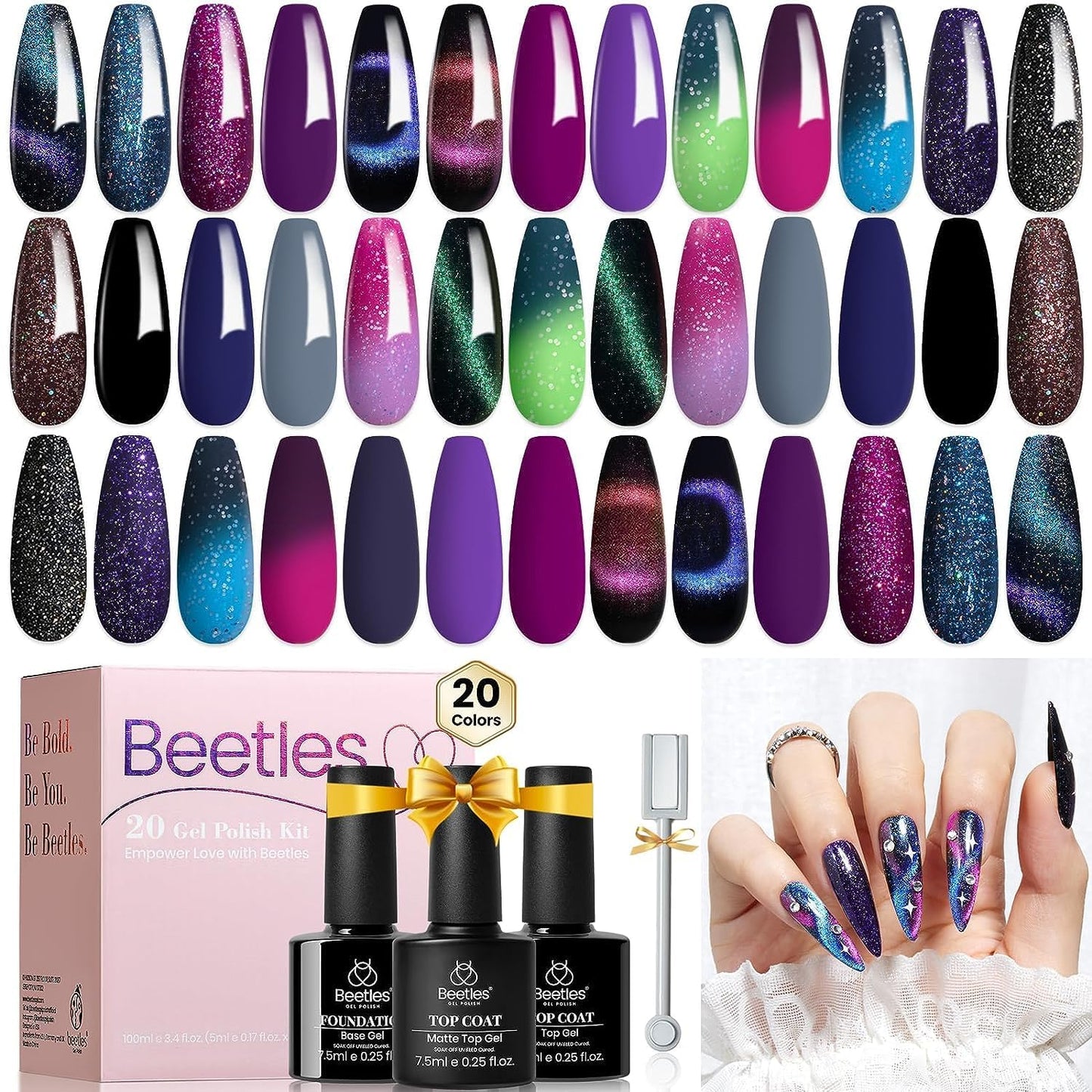 Beetles 24Pcs Gel Nail Polish Kits Gift Set, 20 Colors Cat Eye Color Changing Glitter Gel Polish Set With Base Gel Glossy Matte