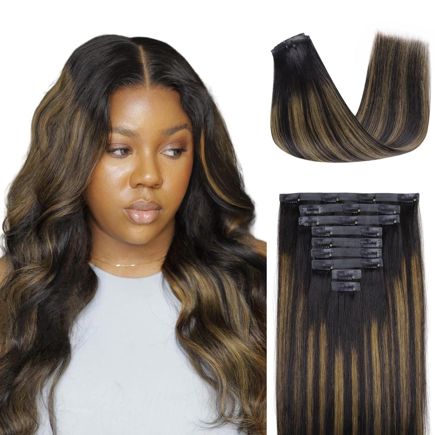 Lashey Seamless Clip In Hair Extensions Human Hair 130G 9Pcs Straight Natural Black Mixed Chestnut Brown Clip In Hair Extensions
