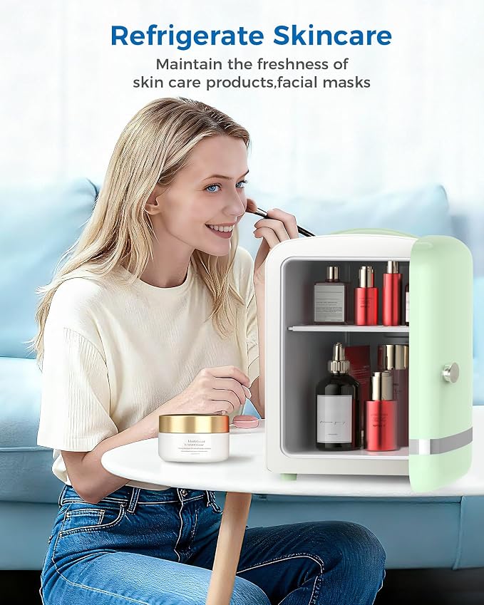 Electactic Mini Fridge for Skincare, 4L/6 Cans Portable Compact Cosmetic Fridge, Retro Desktop Fridge with AC/DC Adapters, Small Cooler and Warmer for Beverage, Makeup, Bedroom, Office, Kids, Green