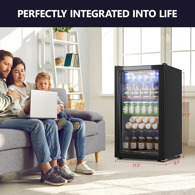 Beverage Refrigerator and Cooler, 126 Can Mini fridge with Glass Door, Beverage Cooler with Digital Temperature Display & Adjustable Shelves for Soda Beer or Wine, NEW Black, 3.2Cu.ft