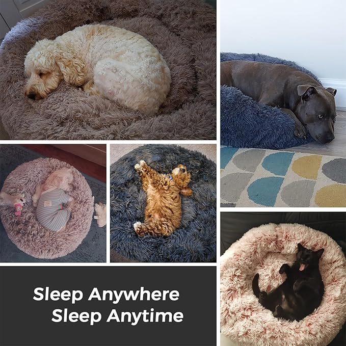 Calming Dog Bed & Cat Bed for Indoor Cats, Medium Size Washable Anti-Slip Anti-Anxiety Donut Dog Beds for Small Dogs & Cats, Fluffy Plush Cozy Round Dogs Beds(20 Inch, Dark Brown)