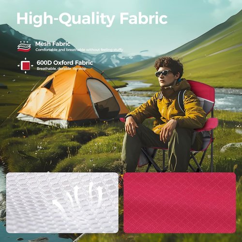 ALPHA CAMP Oversized Mesh Back Camping Chair - Heavy Duty 350 LBS Support | Portable Red Quad Chair with Cup Holder