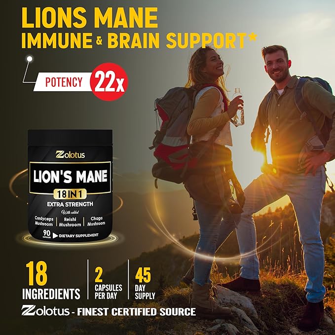 Zolotus Lions Mane Mushroom Complex Capsules with Cordeyceps, Elderberry, Ginkgo Biloba, Bacopa - 90 Capsules