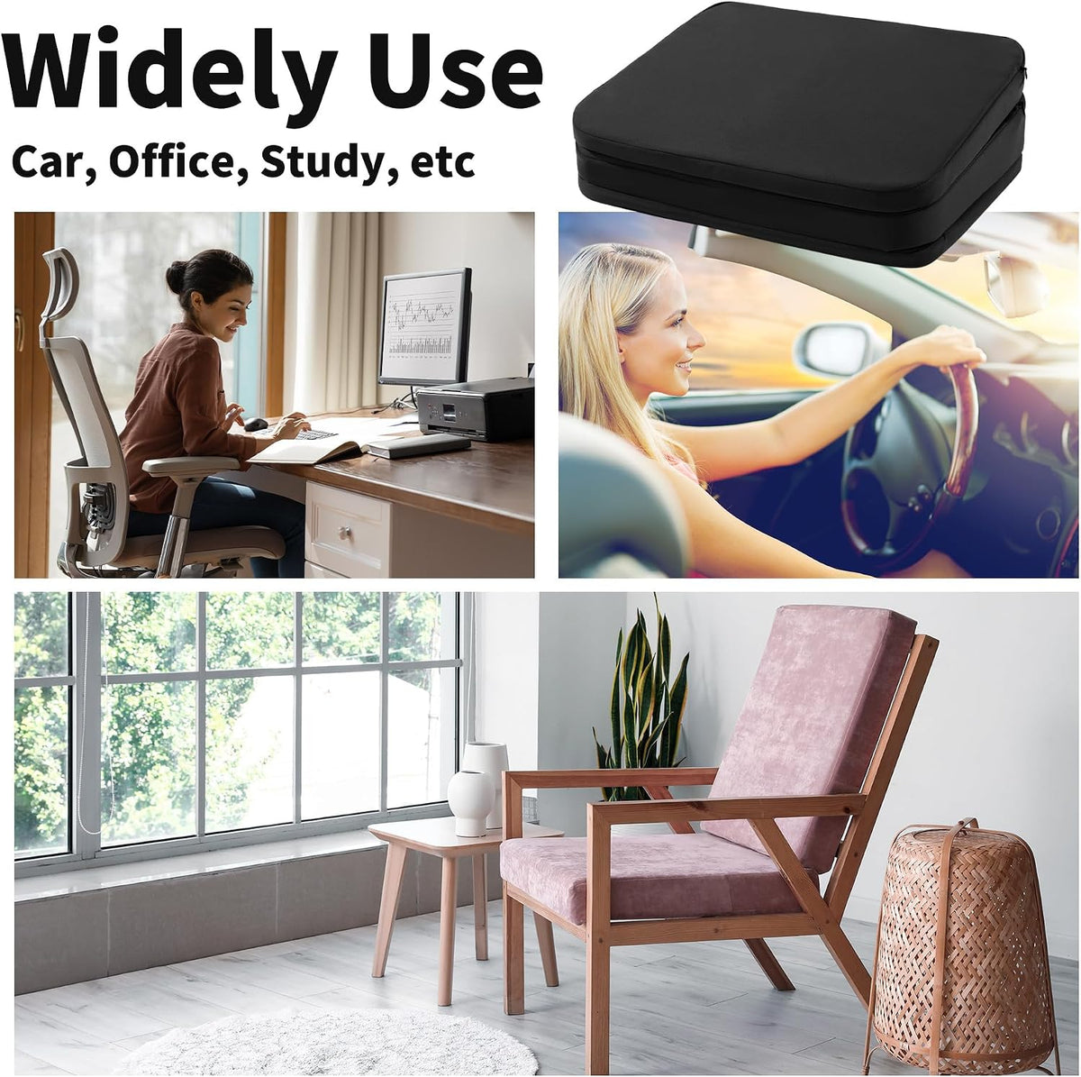HOMBYS Adjustable Car Booster Seat for Short Drivers, 3 Heights for Different People, Adult Car Seat Cushions for Driving, Supportive Car Seat Pad for Lower Back Pain Reduce, (17"x12.8"x6.3", Black)