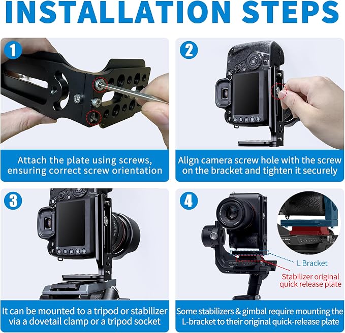 DSLR Camera L Bracket with 1/4" & 3/8" Screw Hole, Vertical Horizontal