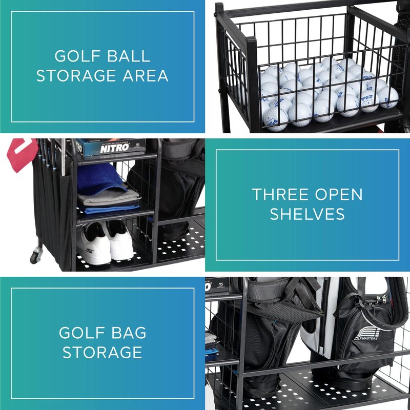STUFFSTASH Golf Bag Organizer; Bags, Shoe and Accessories Storage for Garage; Mens Cart Stand Caddy Organizers; Fits 2 Golf Bags; Sports Equipment Rack for Shed; Club Basket Locker; Ball Holder