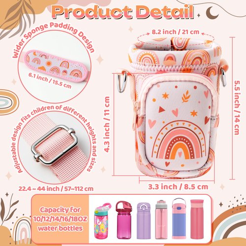 2ooya Water Bottle Carrier for Kids Boho Rainbow Water Bottle Holder with Strap Cute Cartoon Sling Bag with Padded Strap Pocket 10/12/14/16/18Oz for Girls School Walking Hiking Camping Trip