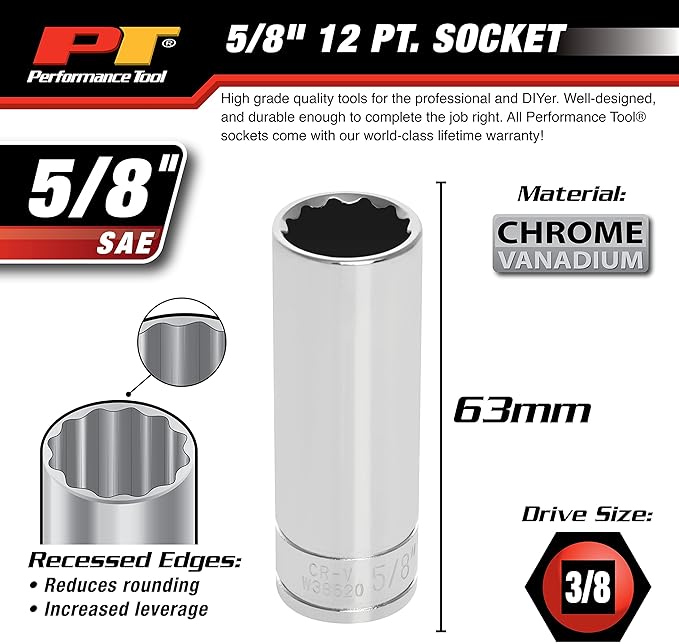Performance Tool W38620 12-Point Socket, 3/8-Inch Drive, 5/8