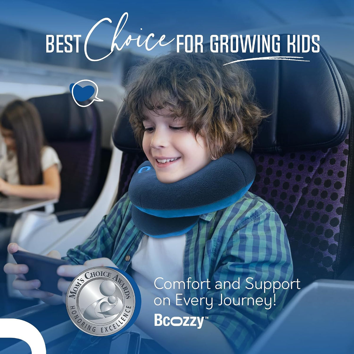 BCOZZY 8-12 Y/O Kids Travel Pillow for Car & Airplane, Soft Kids Neck Pillow for Traveling in Car Seat, Provides Double Support for Toddlers Head & Chin in Road Trips, Washable, Medium Size, Navy