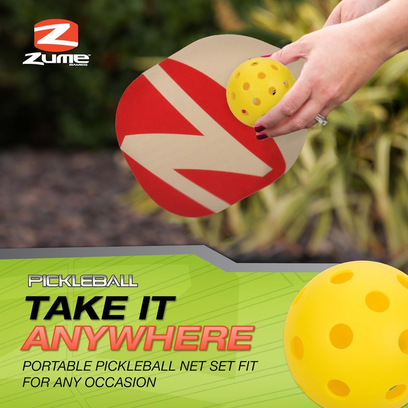 Zume Games Pickleball Set – Complete Portable Pickleball Kit with 12' Net, 2 Wooden Paddles, 2 Balls & Carry Case – Beginner-Friendly Outdoor Game for Driveways, Parks, Tailgates & Backyard Fun