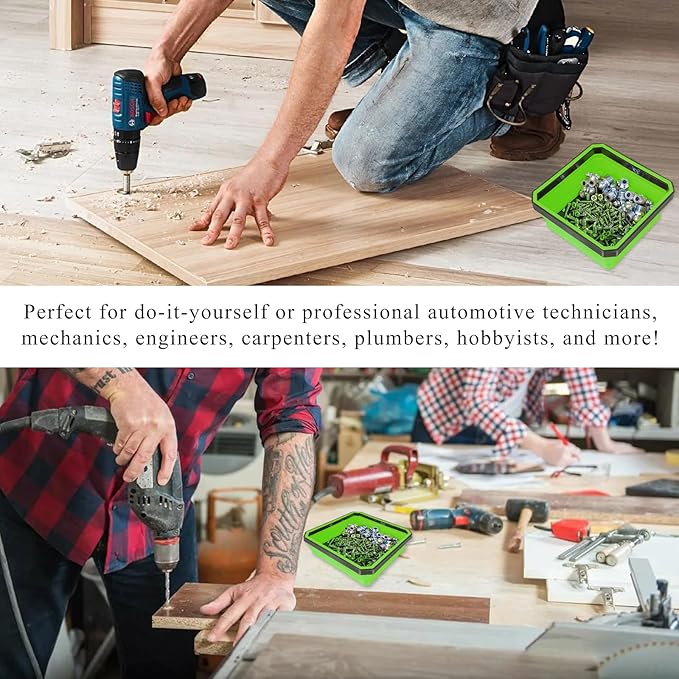 Collapsible Magnetic Parts Tray, 4.5" Square Silicone Tool Tray with Dual-Sided Magnetic Base, Foldable Small Metal Parts Organizer Storage Bowl for Screws Bolts Nuts Washers (Green)