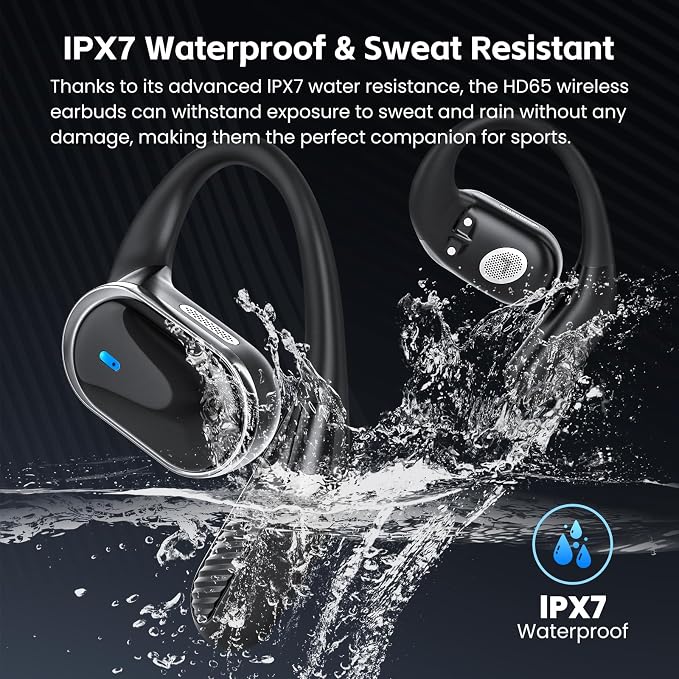 Open Ear Wireless Earbuds Bluetooth Headphones, 80H Playtime Stereo Ear Buds with ENC Noise Cancelling, Fast Charging, IPX7 Waterproof Sports Earphones with Earhook for Running/Workouts (Black)