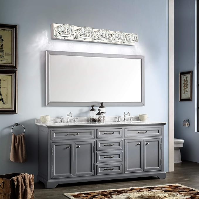ZUZITO Modern Vanity Lights for Bathroom - Crystal 5 Light Bathroom Vanity Lights - Chrome LED Bath Lighting Fixtures