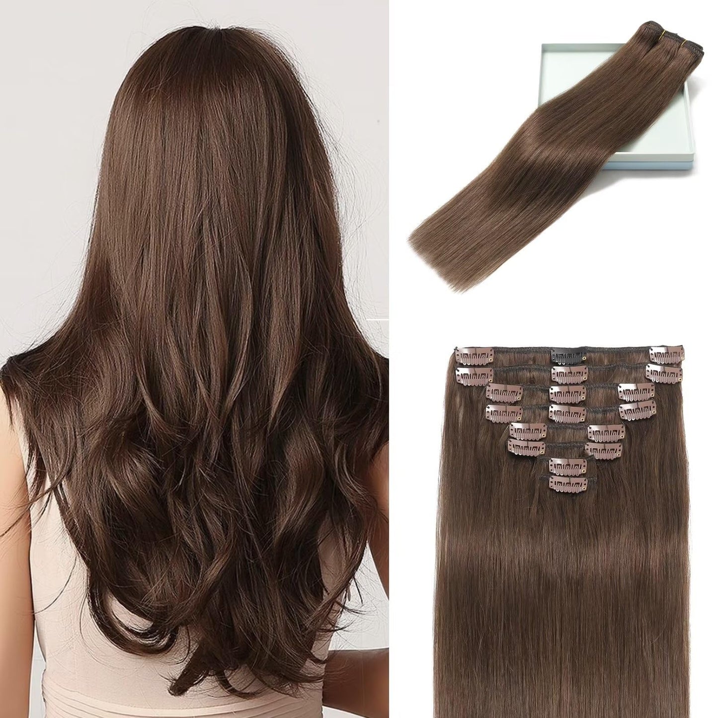 Lorien Clip In Hair Extensions Real Human Hair, 22 Inch 110G, 4 Dark Brown, Clip In 100% Brazilian Remy Human Hair Extensions 8P