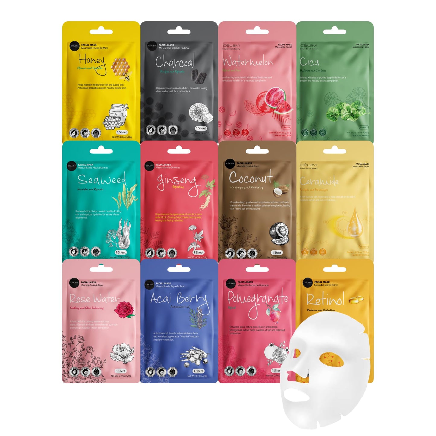Celavi K-Beauty Skincare Essence Facial Face Mask Korea Skin Care Moisturizing B Set 12 Pack