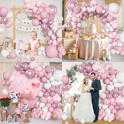 Amandir 153-Piece Pink & White Balloon Arch Garland Kit | Pastel Latex & Metallic Confetti Balloons for Weddings & Parties