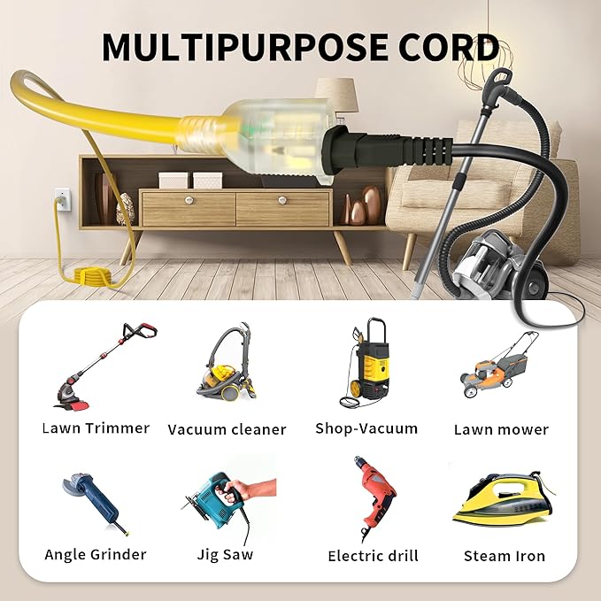 POWGRN 10 Ft 10AWG Outdoor Extension Cord Waterproof Heavy Duty 10 Gauge 3 Prong, Flexible Cold-Resistant Power Cord Indoor & Outside with Lighted Indicator End, 15Amp 1875W SJTW Yellow ETL Listed