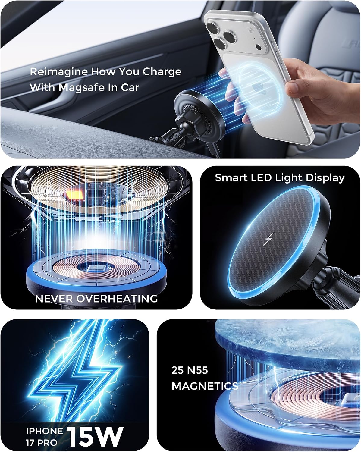 Estbuc 2-in-1 15W Magsafe Car Mount Charger, Magnetic Wireless Car Charger