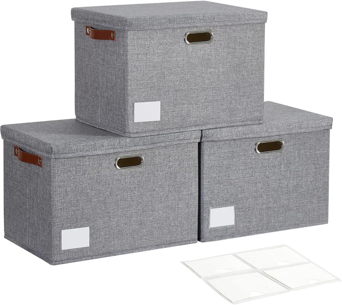 17" Large Collapsible Storage Bins with Lids, Stackable Closet Organizers with PU Handle and Labels, 3-Pack Decorative Fabric Storage Boxes for Home, Bedroom, Closet, Office, Nursery(White)