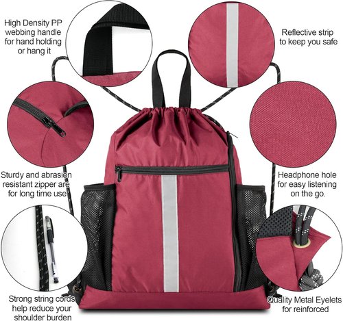 BeeGreen Gym Sack - Heavy Duty Drawstring Bag with Shoe Compartment & Two Water Bottle Holders | Unisex