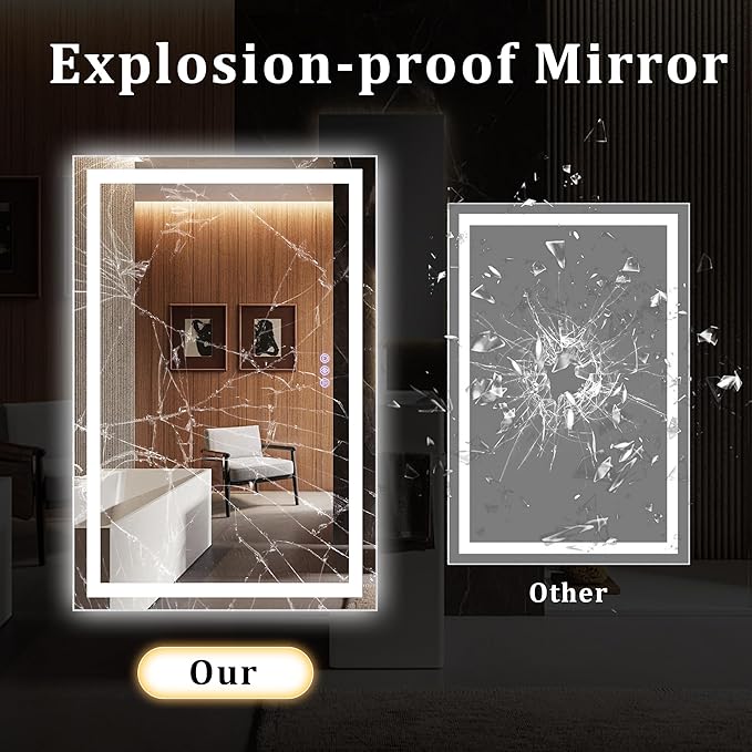 40"x 32" LED Bathroom Mirror with Lights – Backlit & Front Lit Lighted Vanity Mirror for Wall with Dimmable Lights 3 Colors – Adjustable Brightness, Anti-Fog, Shatterproof Tempered Glass