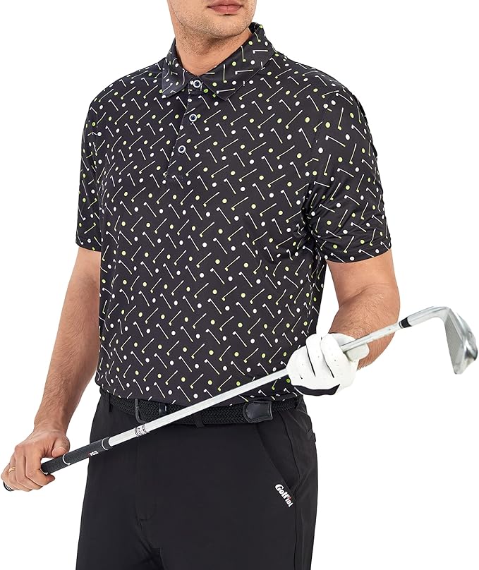 Esabel.C Golf Shirts for Men Dry Fit Performance Short Sleeve Print Moisture Wicking Collared Shirt