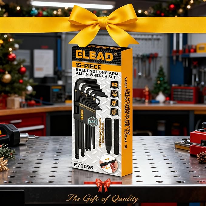 ELEAD 15-Piece SAE Hex Key Allen Wrench Set with Extension Bar, 3/64-3/8 Inch, Long Arm Ball End Design, Heat-Treated S2 Steel