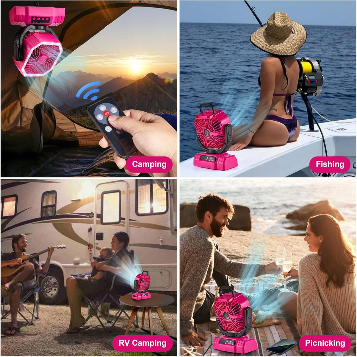 Odoland Portable Camping Fan - 20000mAh Rechargeable Battery, LED Lantern, 360° Rotation, Pink