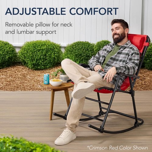 Best Choice Products Zero Gravity Rocking Chair - Folding Reclining Patio Lounge Chair with Adjustable Pillow - Crimson Red