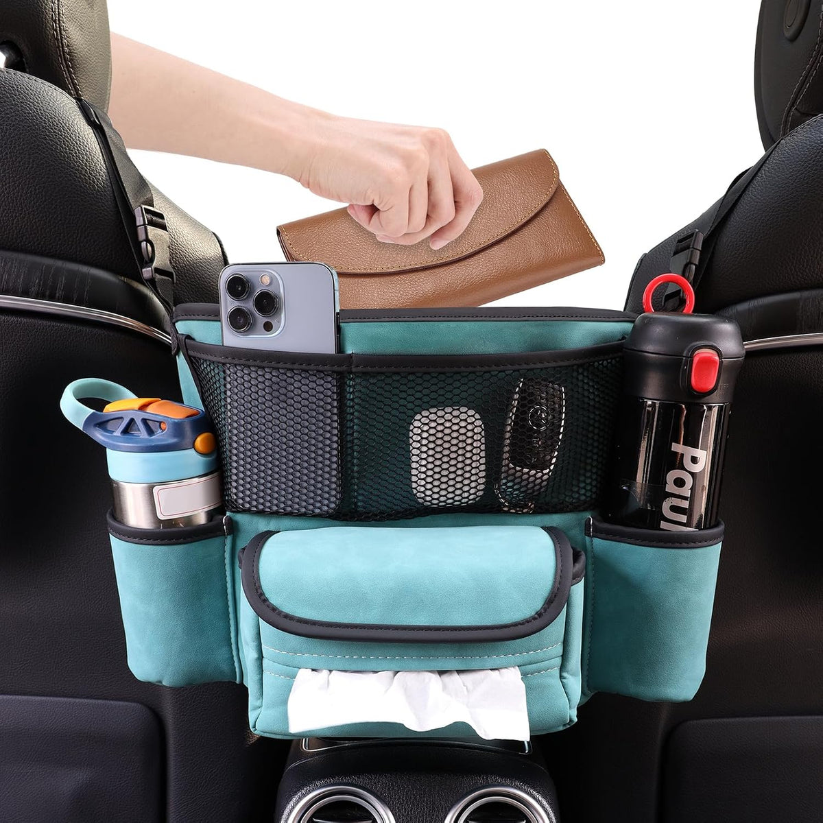 Leather Car Seat Organizer for Handbag/Purse – Fits Between Front Seats, Holds Wallet, Phone & Essentials. (Modle A/Grey)