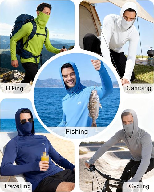 Isnowood Men's UPF 50+ Fishing Sun Hoodie - UV Protection Long Sleeve Shirt with Mask for Outdoor Activities