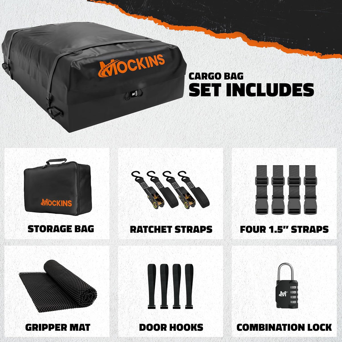 Mockins 25 CuFt Waterproof Rooftop Cargo Carrier Bag | 60"x43"x17" All-Weather 500D Soft-Shell Vinyl Car Top Carrier Without Roof Rack | Vehicle Soft-Shell Carriers with Roof Mat, Lock, Hooks & Straps