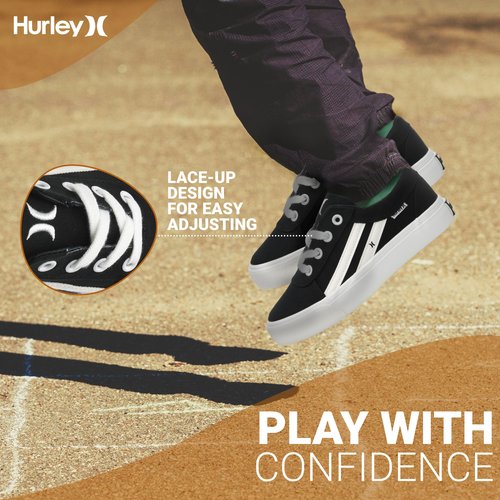 Hurley Boardy Lace-up Skateboard Shoe - Low top Lace-up Sneaker - Fashionable Skater Shoe for Boys & Girls - Lightweight Classic Casual Kids Skates Black White