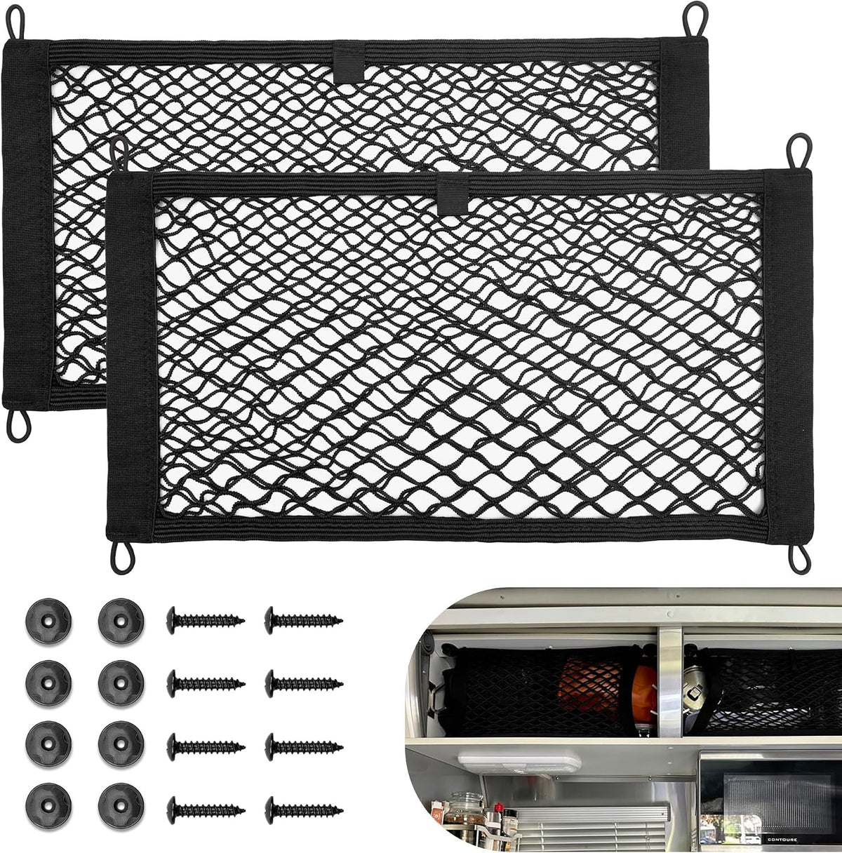 RED WOLF 2 Pcs Universal Elastic Mesh Netting Car Pouch for Trunk RV Boats Home Cargo Storage with Screws and Hooks (23.6'' x 9.8'')