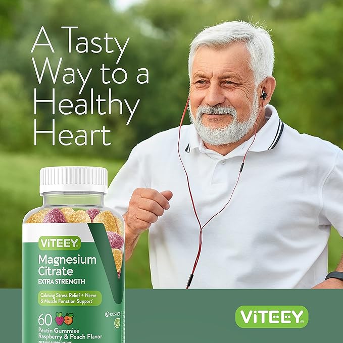 Magnesium Citrate Gummies for Adults & Teens - Extra Strength 170mg, Supports Calm Mood, Optimal Relaxation, Muscle Function - Vegan, Gelatin Free - Tasty Chewable Raspberry & Peach Flavored Gummy
