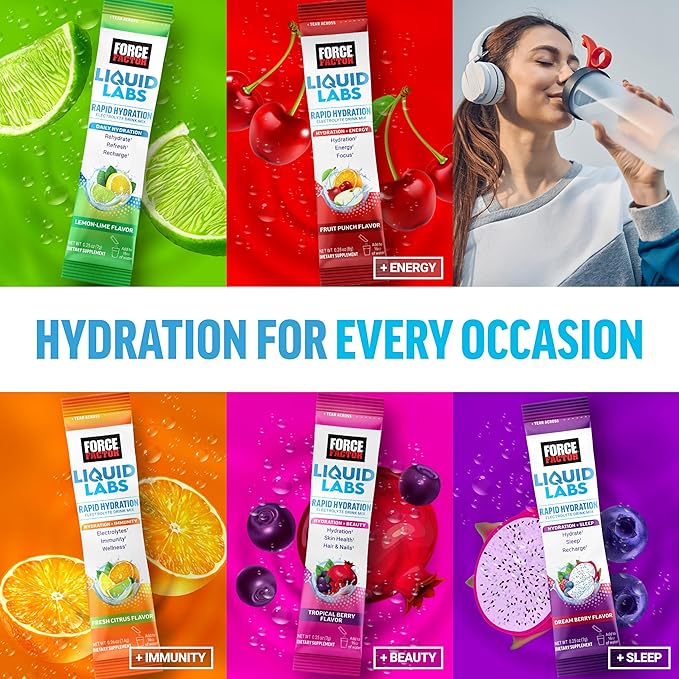 FORCE FACTOR Liquid Labs Electrolytes Powder, Hydration Packets to Make Electrolyte Water with 5 Essential Electrolytes, Vitamins, and Antioxidants, Tropical Fruit Flavor, 40 Stick Packs, 2-Pack