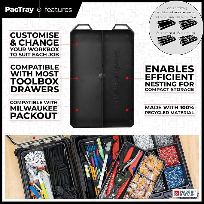 StealthMounts Double PacTray | 2-Section ABS Tool Tray Compatible with Milwaukee PACKOUT | Storage Organiser for Tools, Screws & Bolts | Workshop & Garage Use | Made in The UK